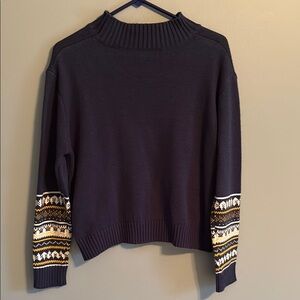 Navy Sweater with Patterned Sleeves